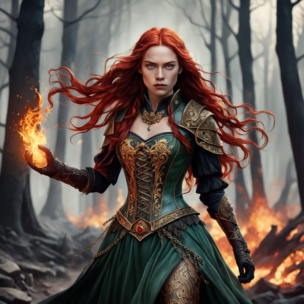 Fiery Sorceress in a Mystical Forest: Fantasy Art