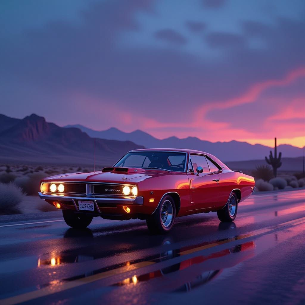 1969 Dodge Charger on Rain-Slicked Route 66 at Twilight