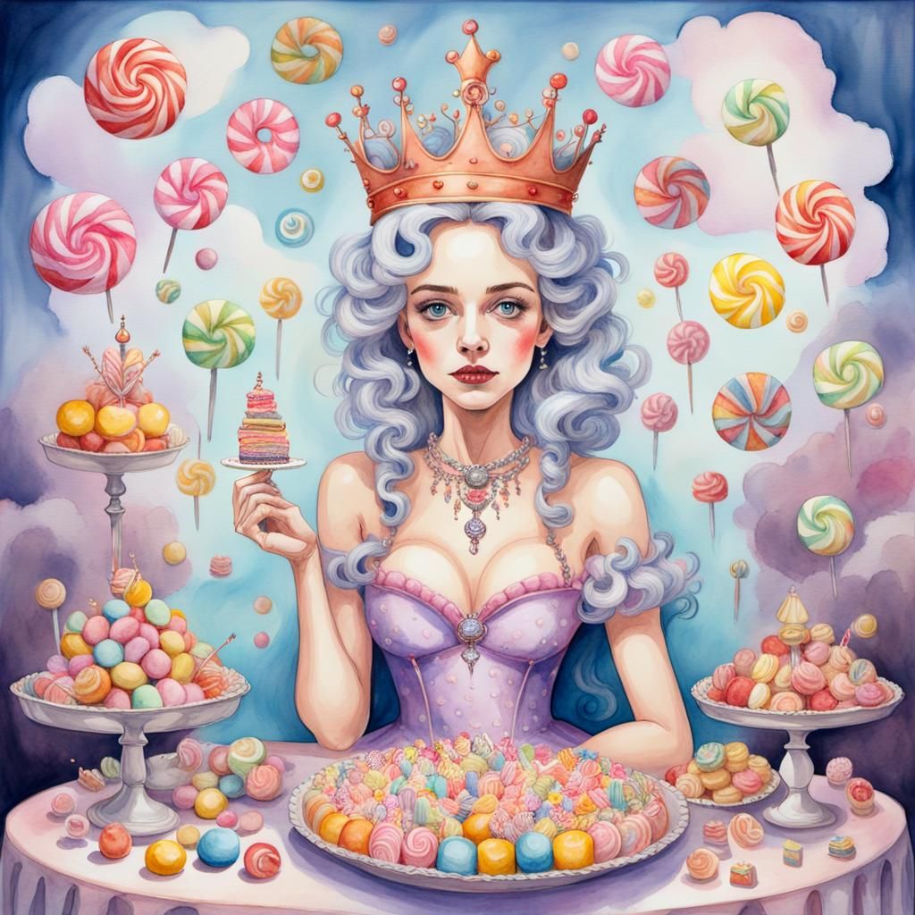 Whimsical Candy Queen Acrylic and Watercolor Painting