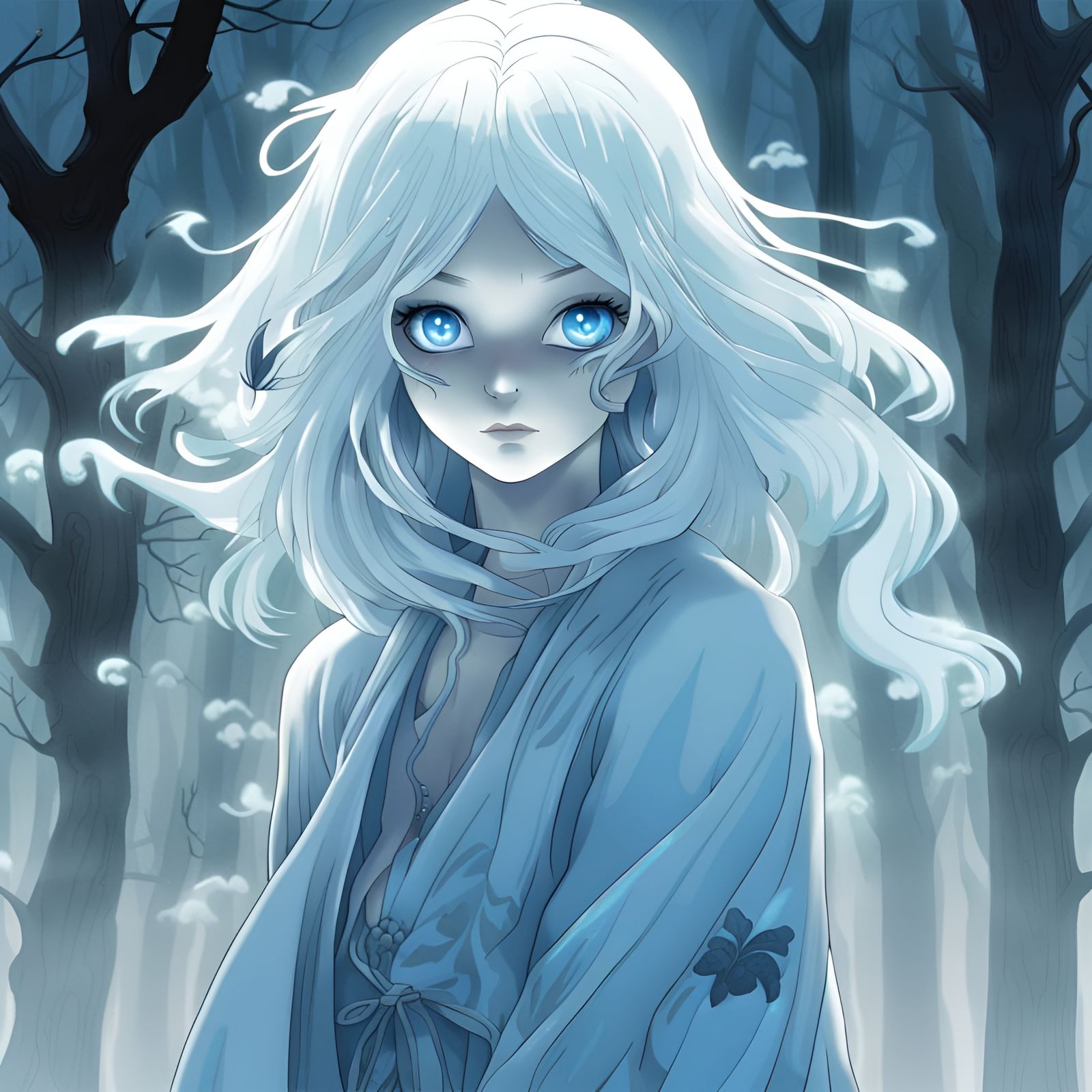 Anime Ghost Girl in Misty Forest, Hyperdetailed Art