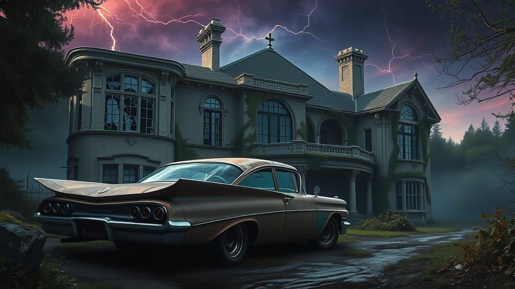 Mysterious Abandoned Mansion in a Weathered 1959 Buick