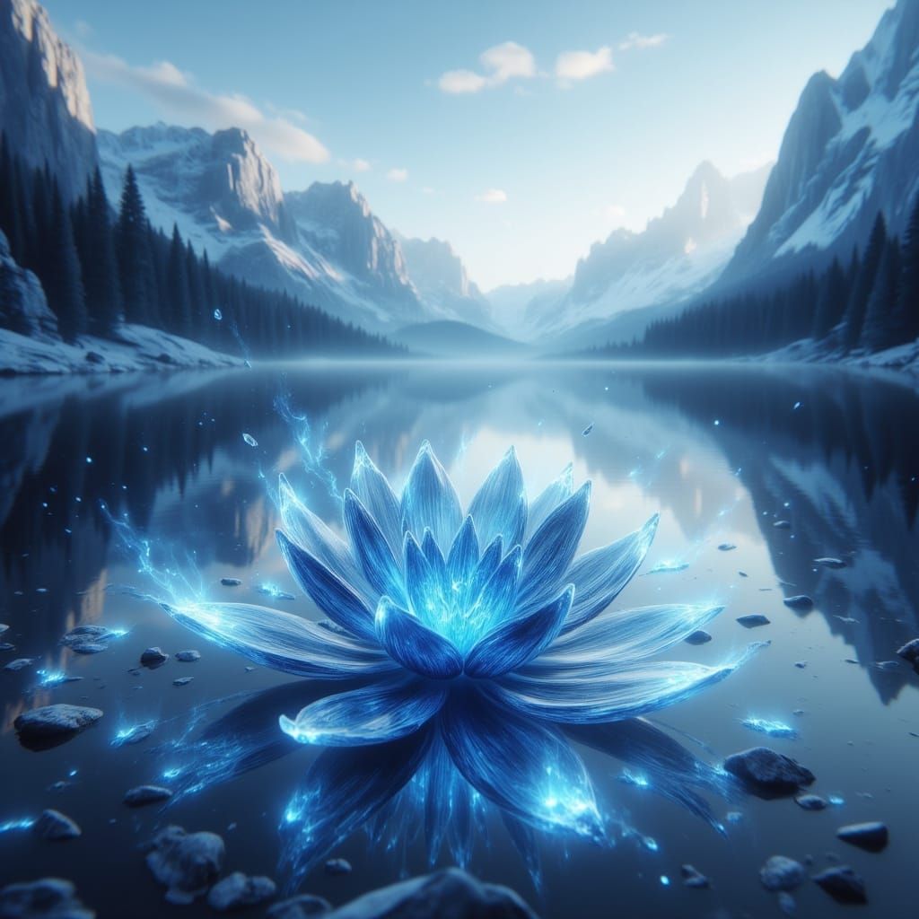 Ethereal Glass Flower on River with Snowy Mountains