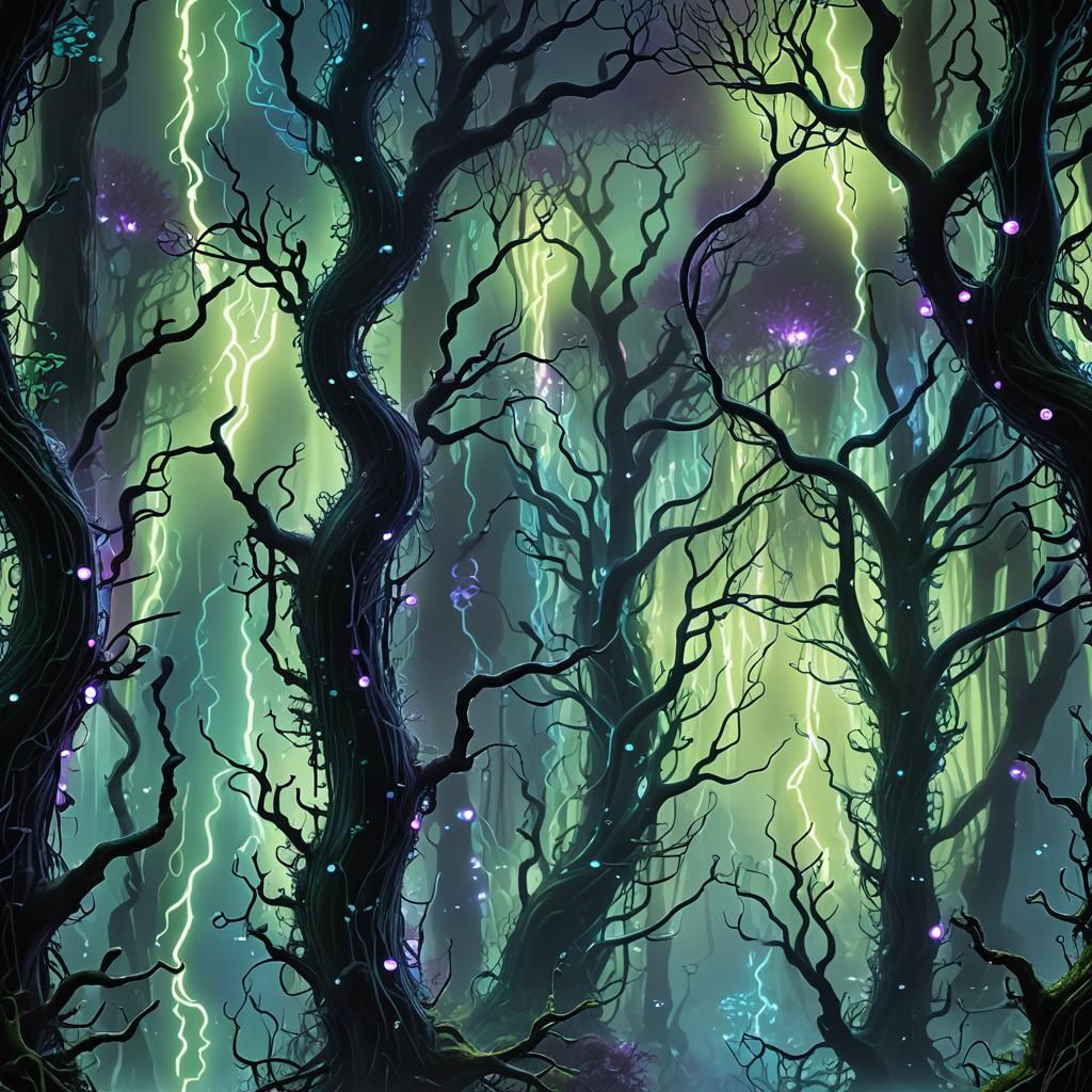 Electric Bacteria in Bioluminescent Forest Fantasy Art