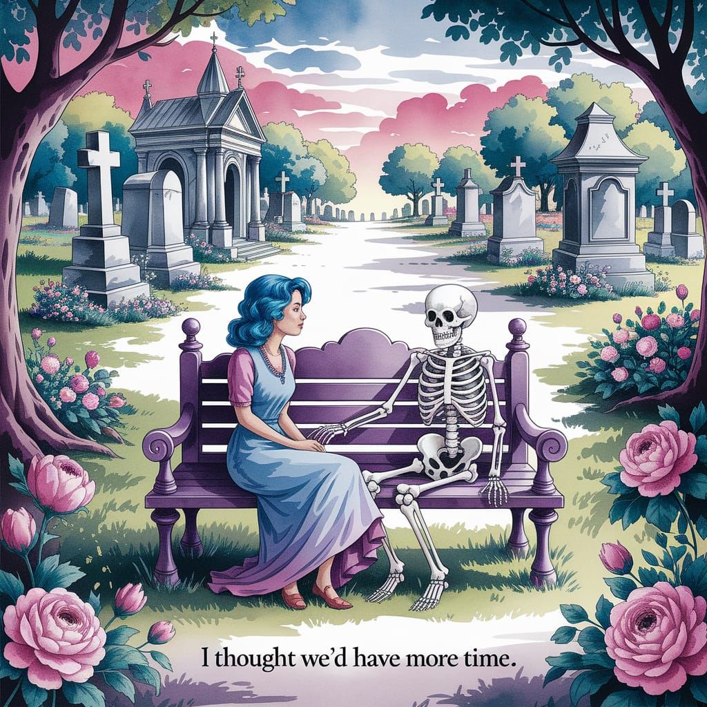 Ethereal Cemetery Bench Scene in Vintage Watercolor Style