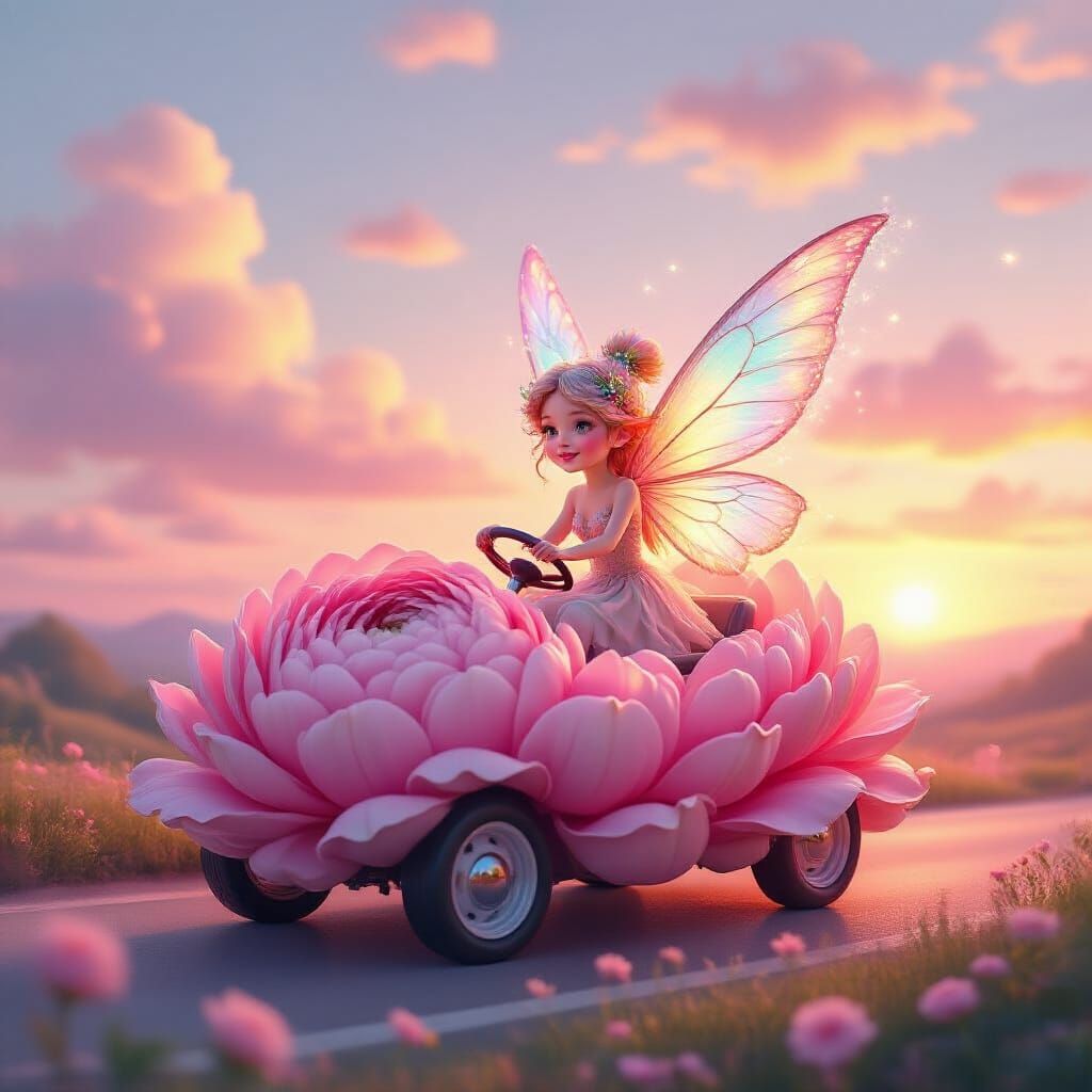 Fairy Driving Peony Car in Watercolor Landscape