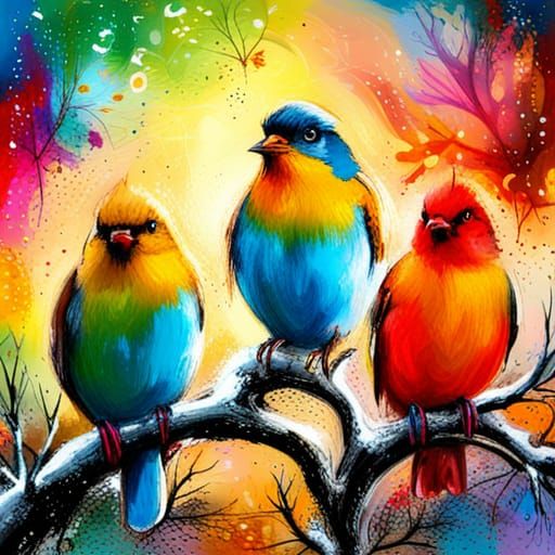 Colorful Birds on Winter Tree: Digital Graffiti Art