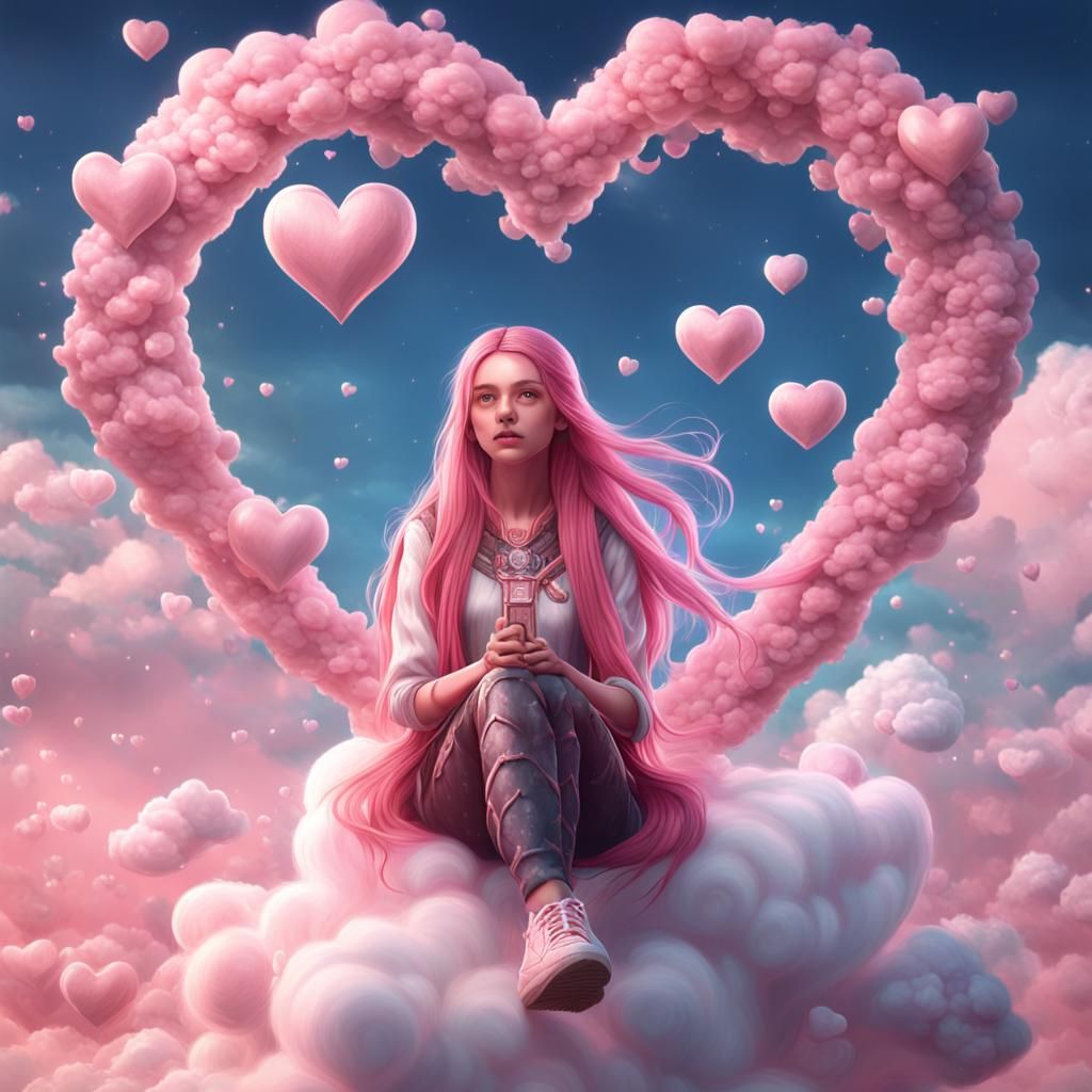 Cute Girl with Pink Hair on Heart Cloud