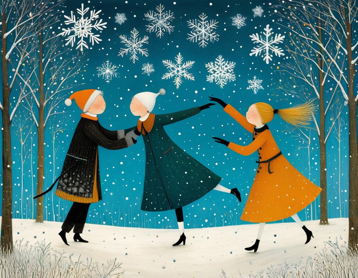 Whimsical Snowflake Dance Illustration