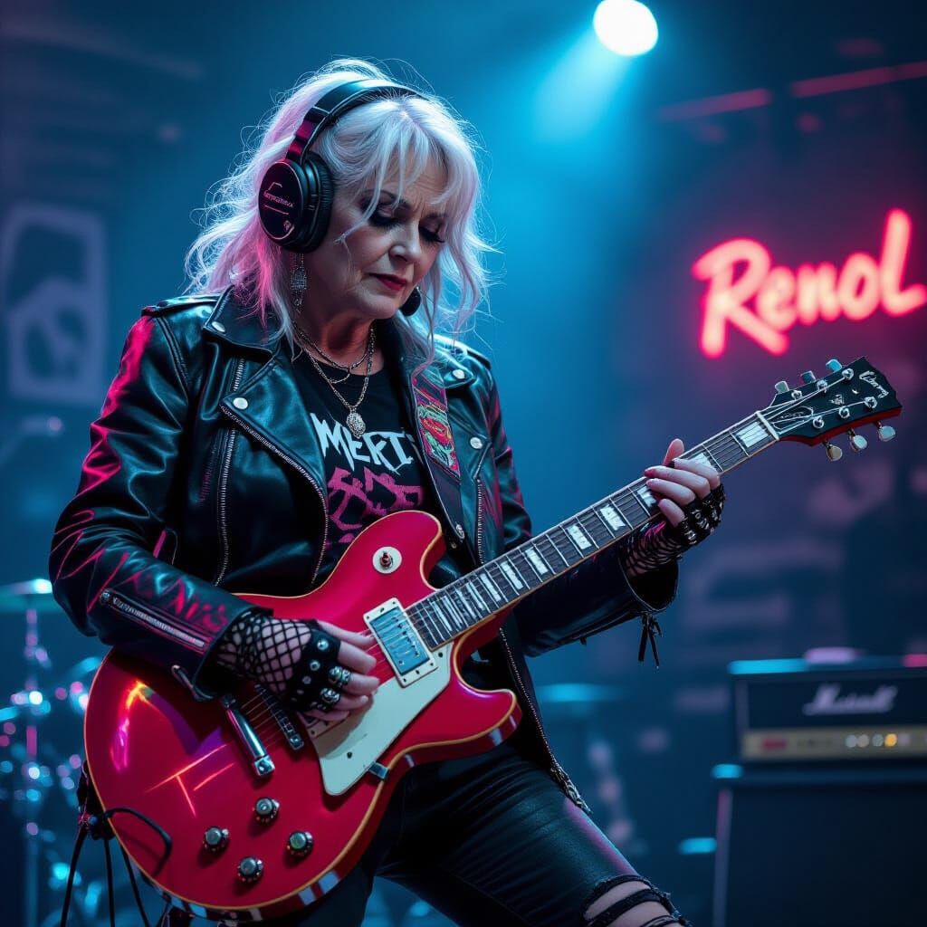 Cyberpunk Granny Shreds on Electric Guitar