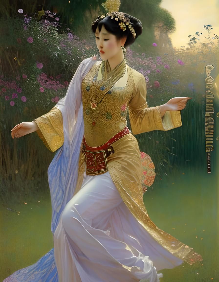 Elegant Asian Dancer in Art Nouveau Oil Painting
