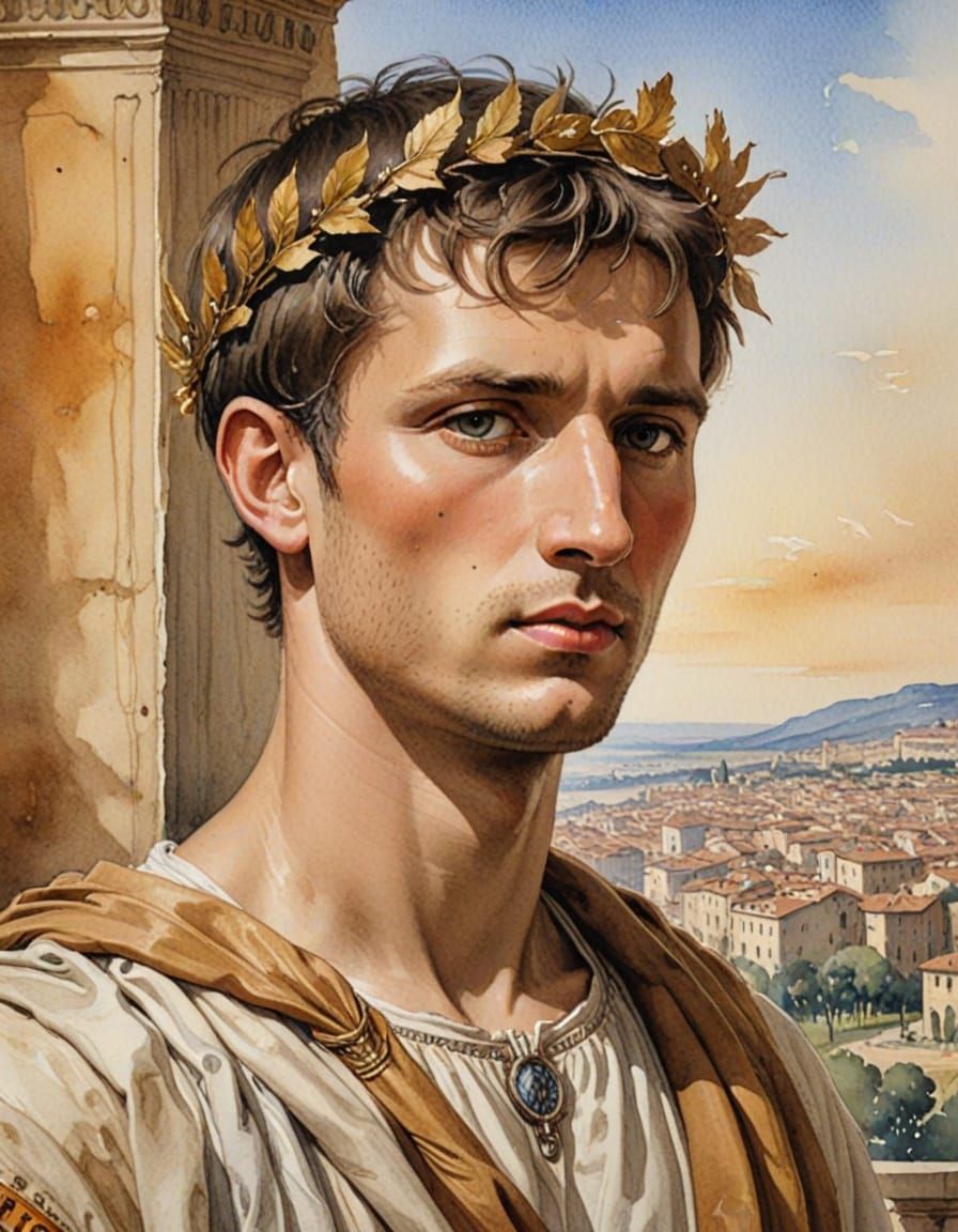 Roman Emperor in Golden Laurels, Watercolor Masterpiece