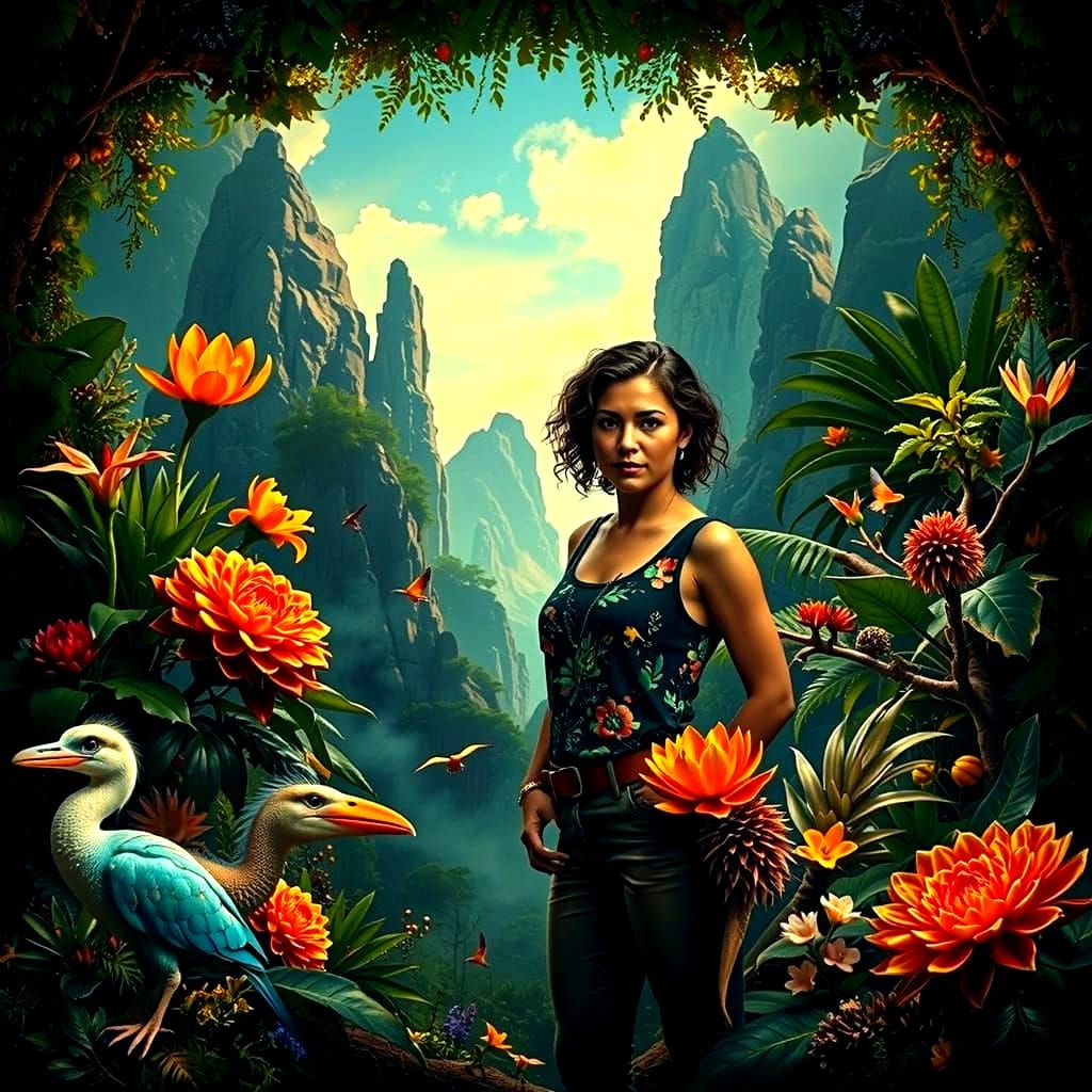 Woman Amidst Exotic Flora and Cosmic Geology