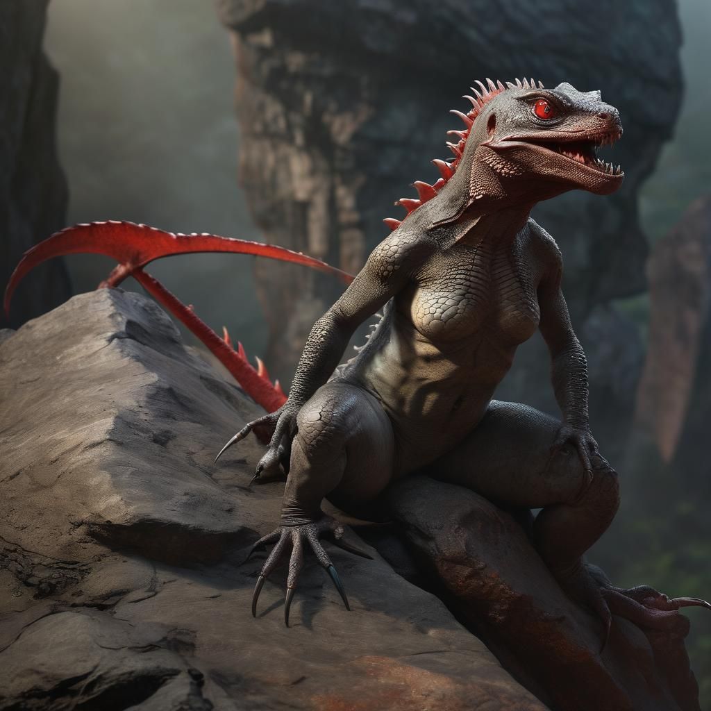 A hyperrealistic 3d render of a hybrid lizard-woman creature. The creature has the body of a voluptuous woman and the he...