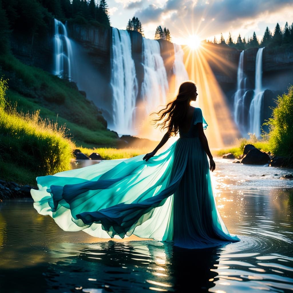 Woman Silhouette in Water at Sunset with Waterfall