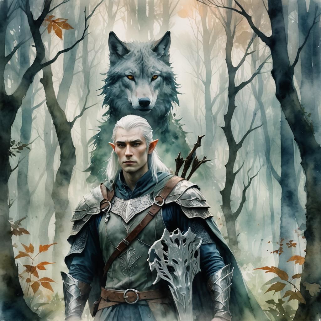 Elven Warrior in Forest, Double Exposure Watercolor