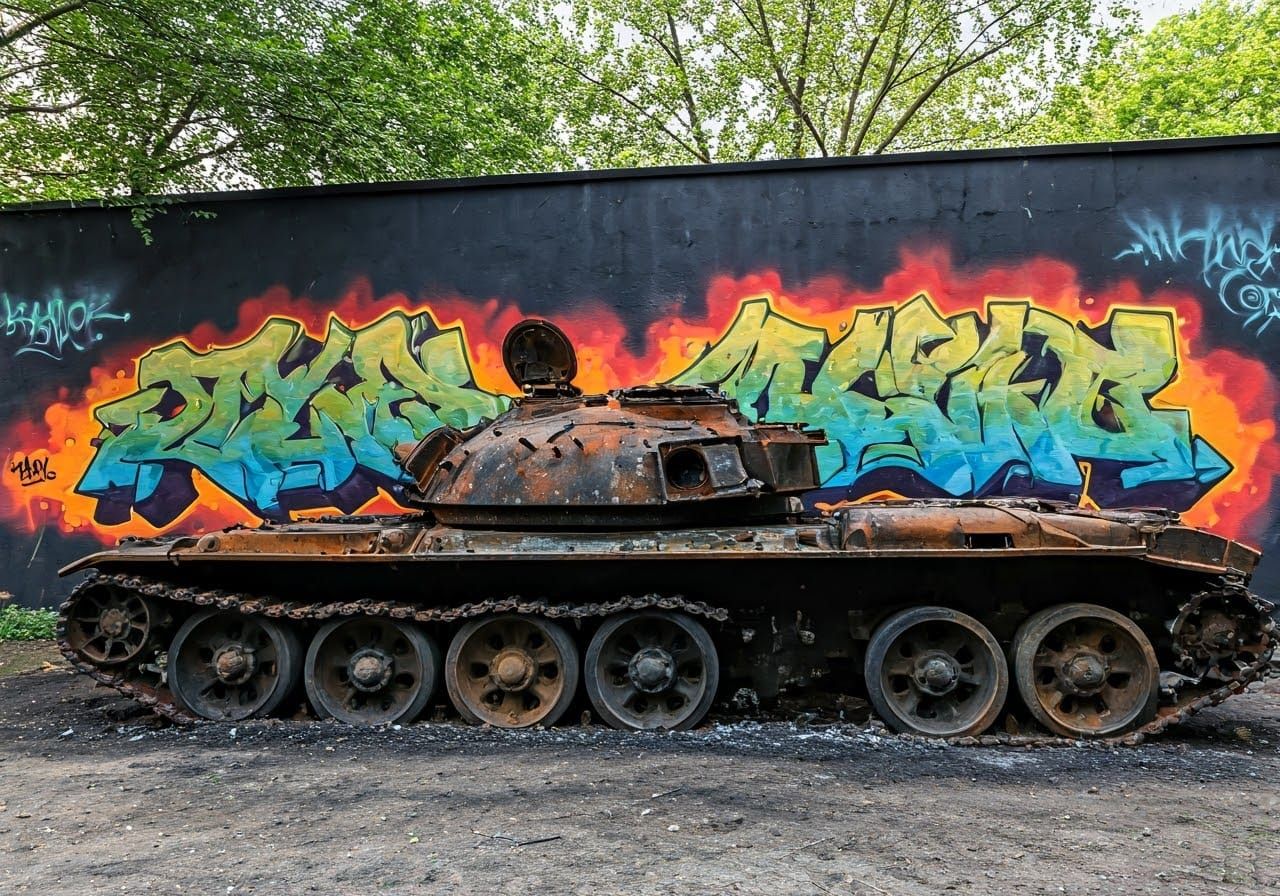 Graffiti Peace Art on Burnt-Out Tank