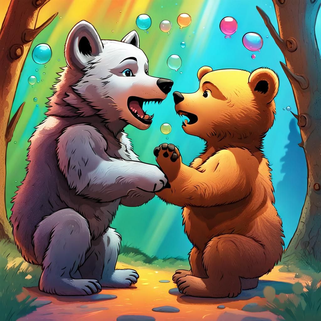 Show one wolf cub talking in a chat bubble to the one bear c...