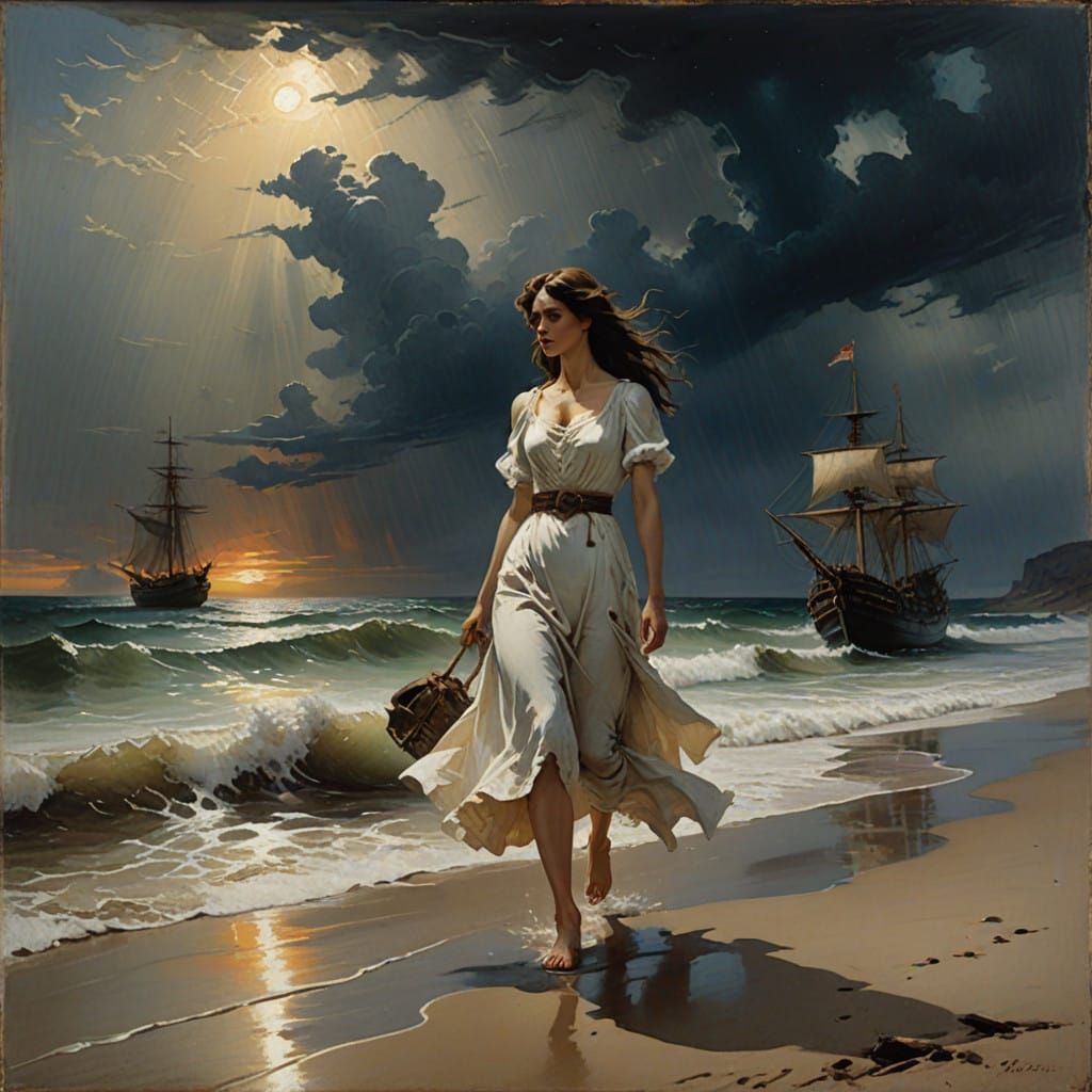 Young Woman Walks on Beach at Sunset, Stranded Galleon in Ba...