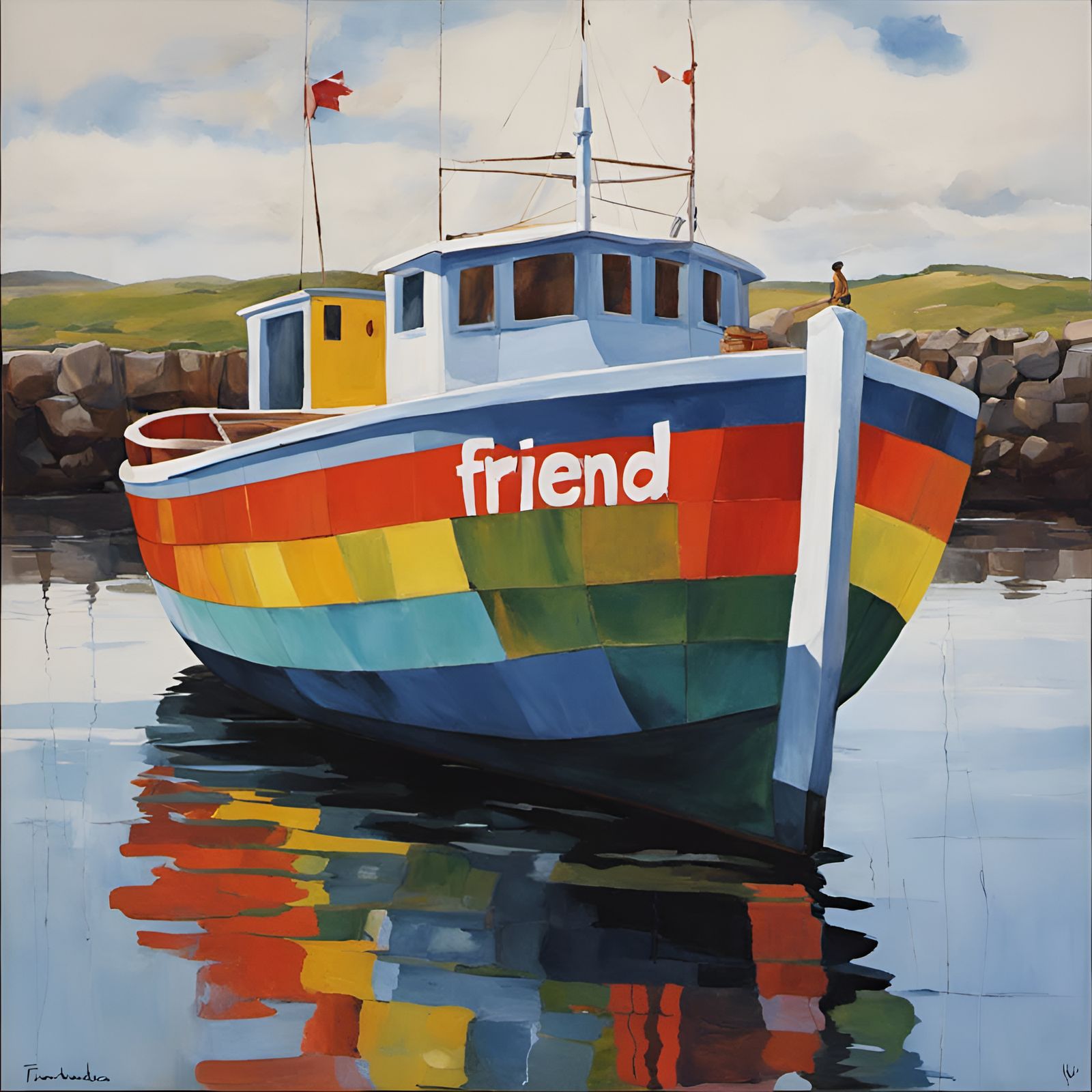 Colorful Boat with "Friend" in Impasto Gouache Style