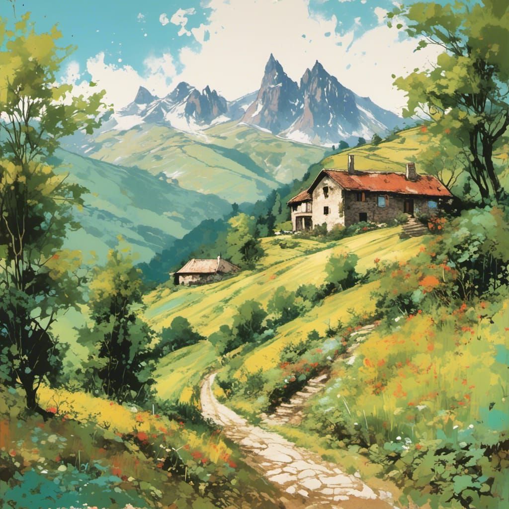Graffiti Landscape With Mountain Farmhouse