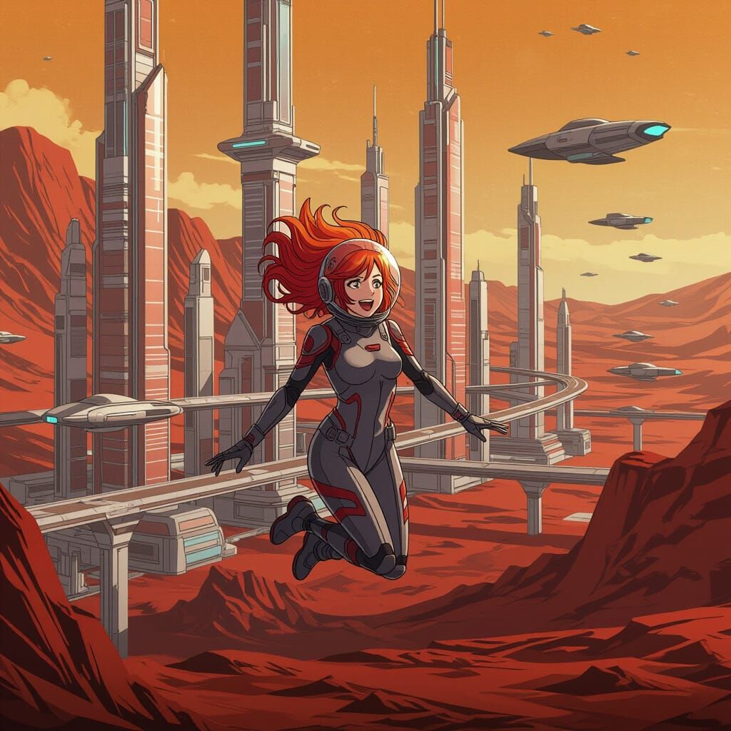 Futuristic Red Rock City on Mars in Anime Style