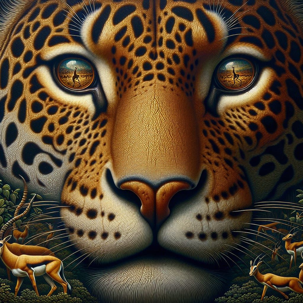 Jaguar's Face Reflecting Serengeti Gazelle, Oil Painting