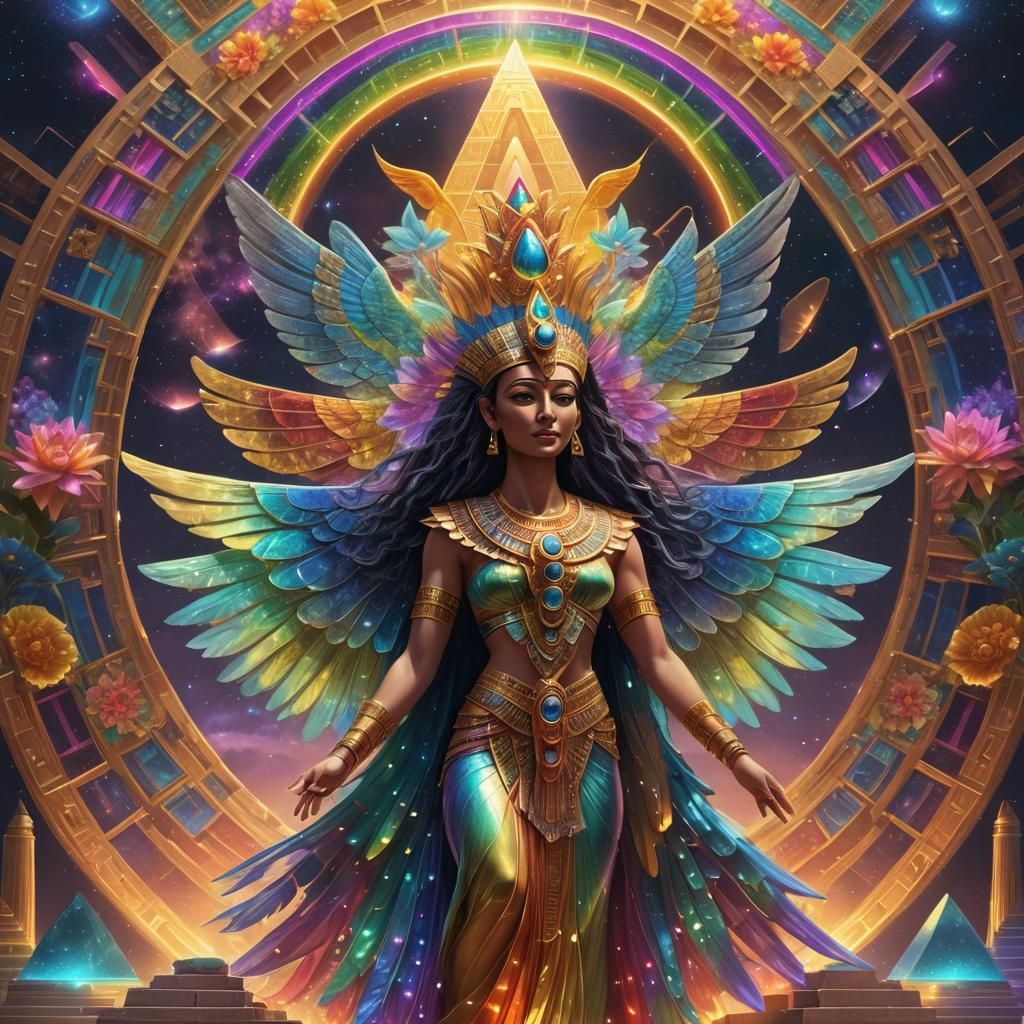 Radiant Egyptian Goddess in Rainbow Fractal Light