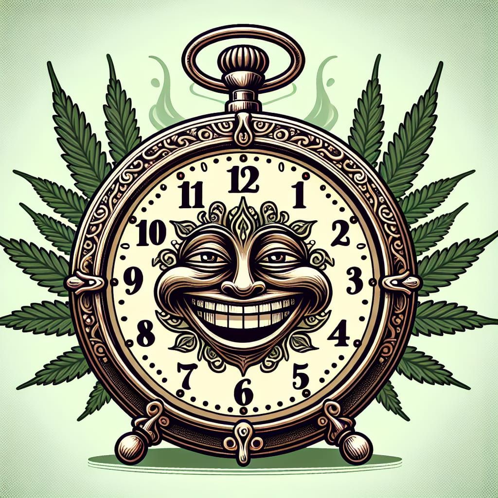 Antique Clock Smiles at 4:20 in Cannabis Art
