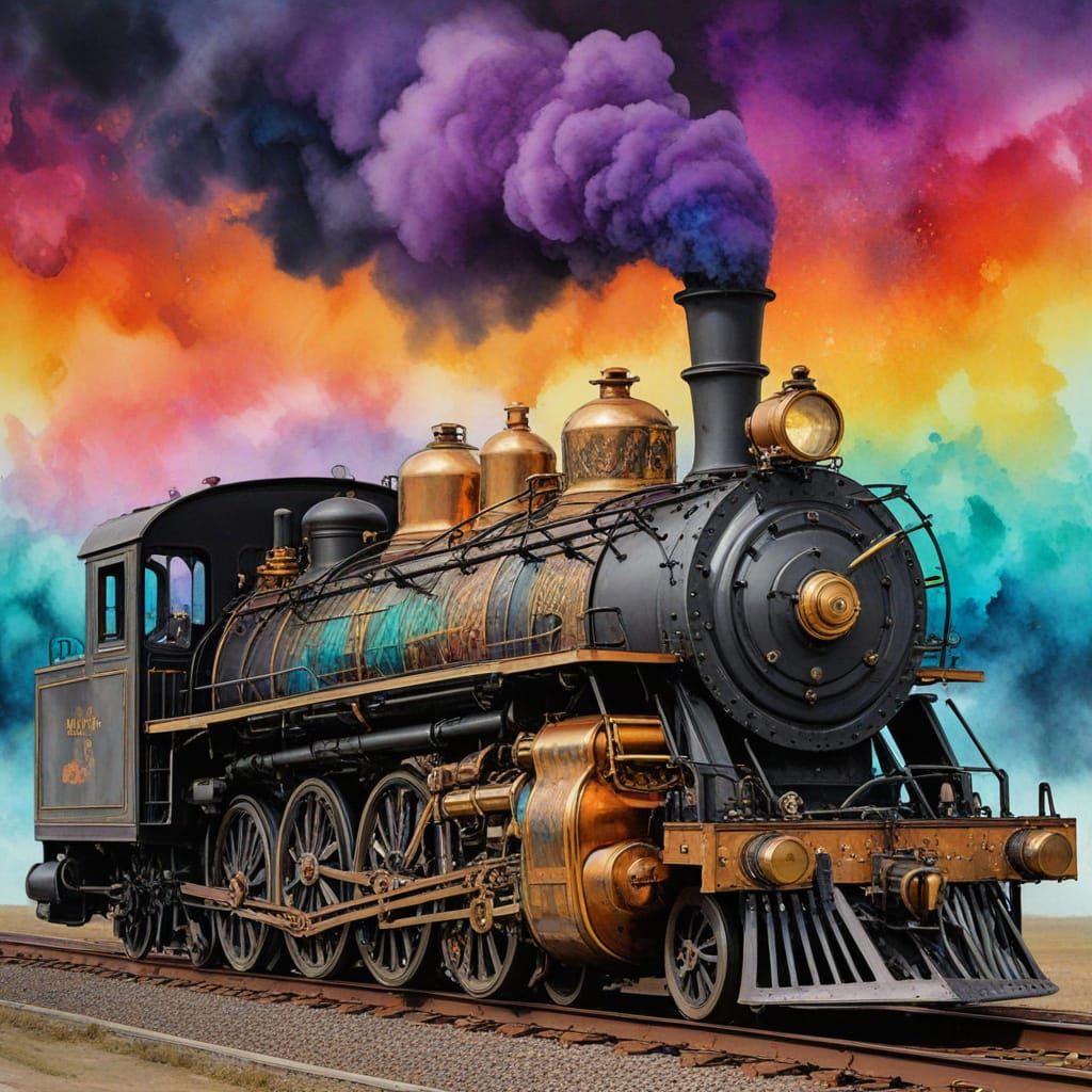 Vintage Klimt Steam Engine in Neon Rainbow