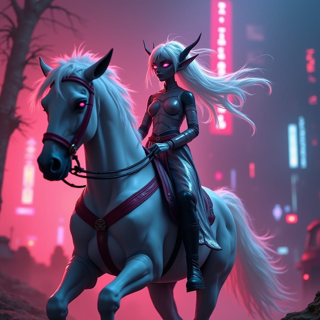 Cyberpunk Elf on Horse with Neon Lighting