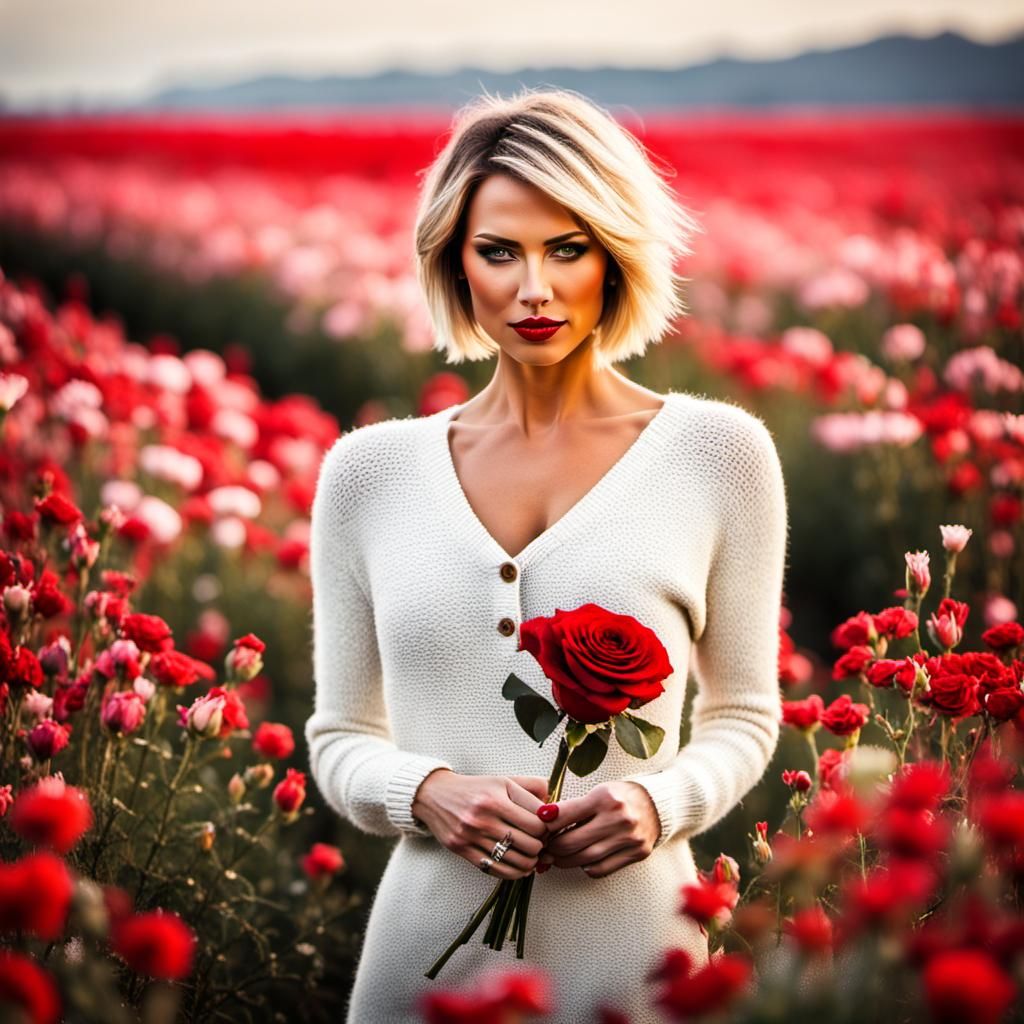 Stunning Valentine's Lady with Rose in Flower Field