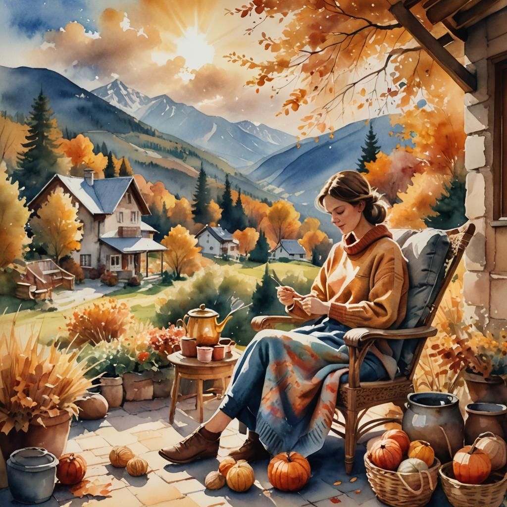 Woman Knitting in Autumn: Watercolor Impressionism