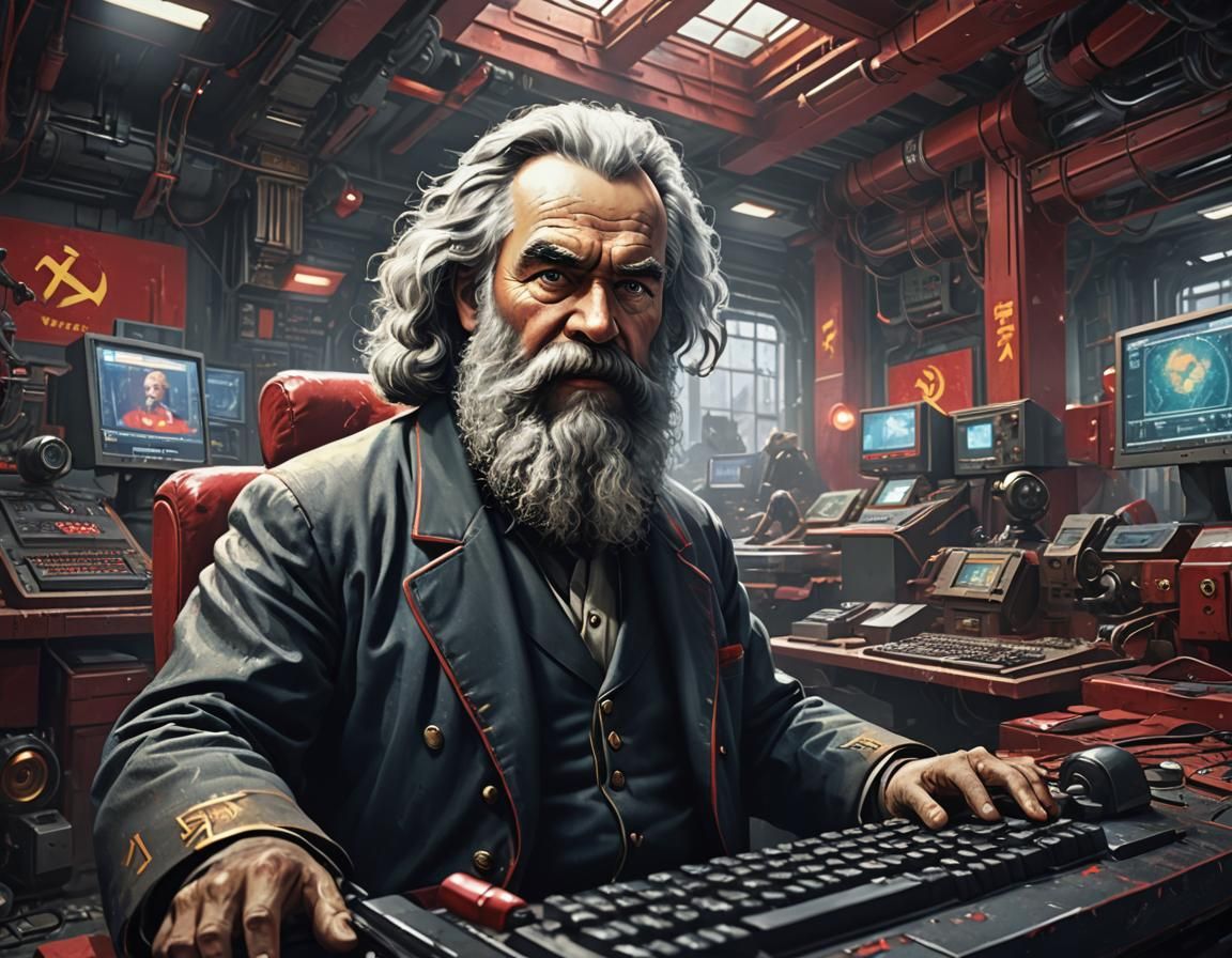 Karl Marx in Futuristic Communist Studio, Matte Painting