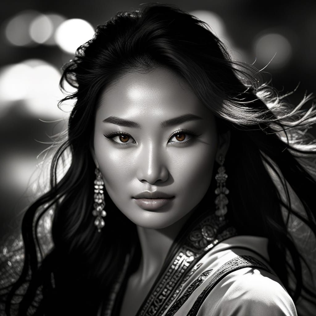 Elegant Mongolian Woman in Noir Portrait