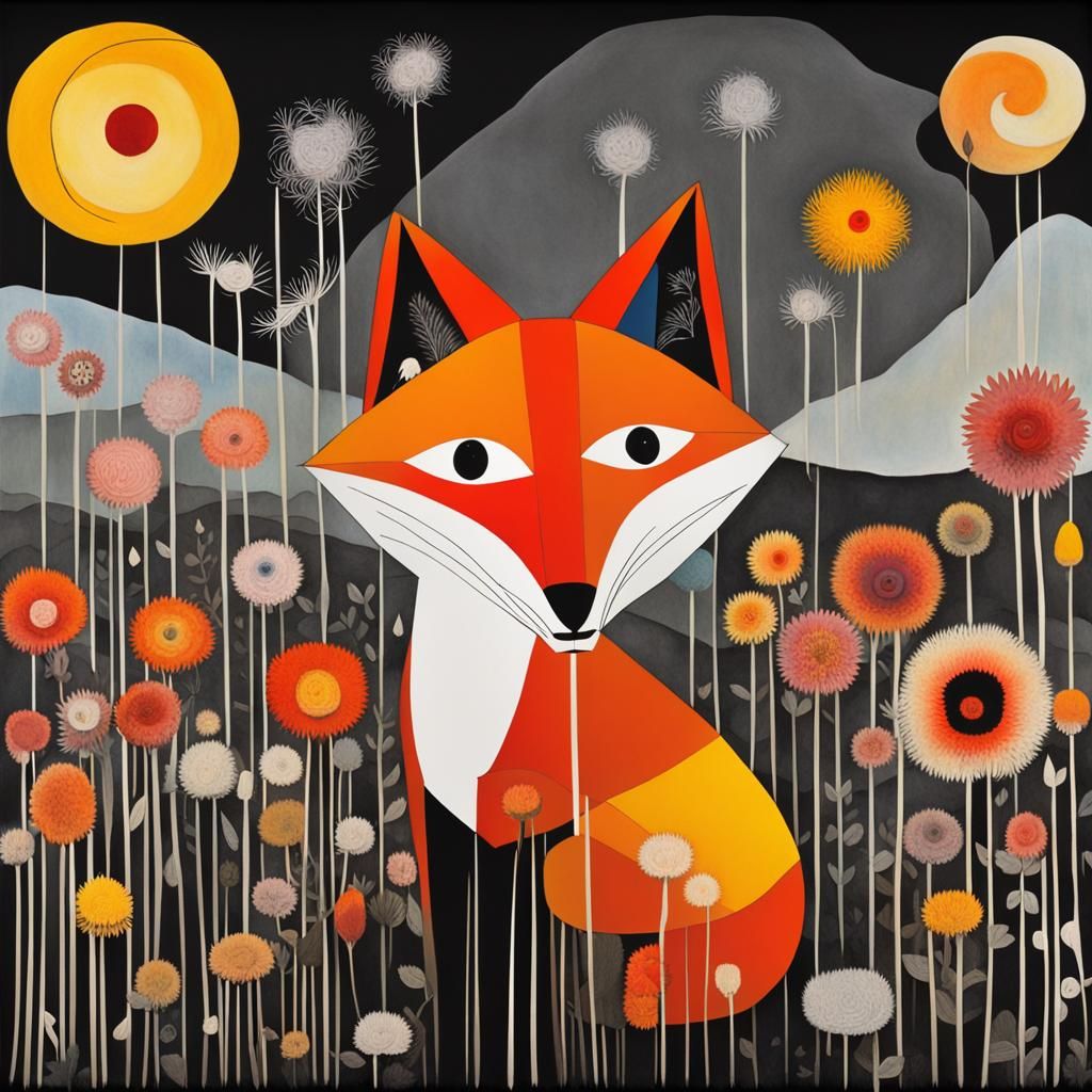Floral Foxes in Dandelion Dreamscape, Surreal Art