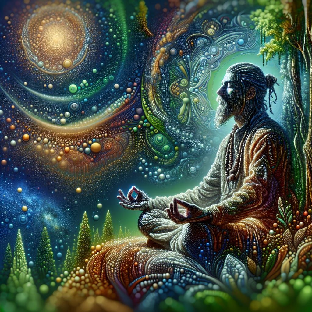 Blossom Hippie Meditating in Digital Pointillism