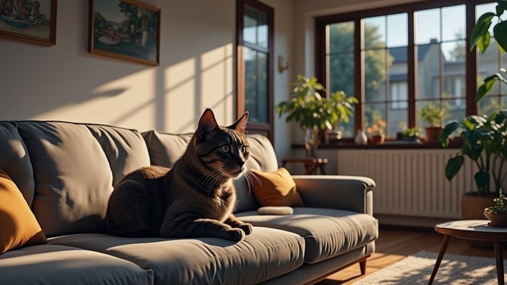 A Feline Companion's Serene Moment on the Plush Sofa