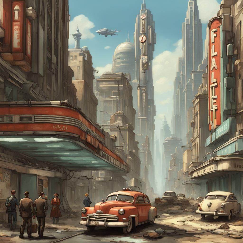 Fallout Pre-War City Life in Retro-Futuristic Style