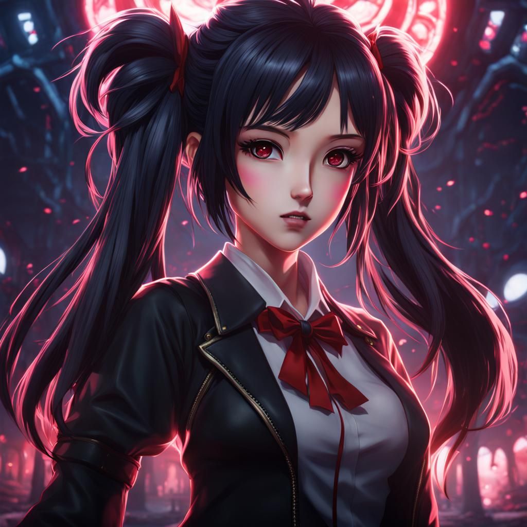 Anime Yandere Girl with Black Twin Tails