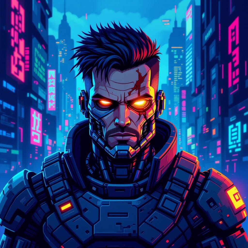 8-bit Pixel Art Cyborg Warrior in Neon City