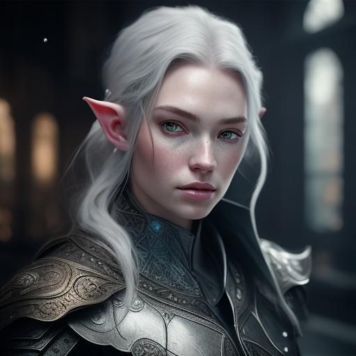 Elf Paladin Portrait in Silver and Blue Armor