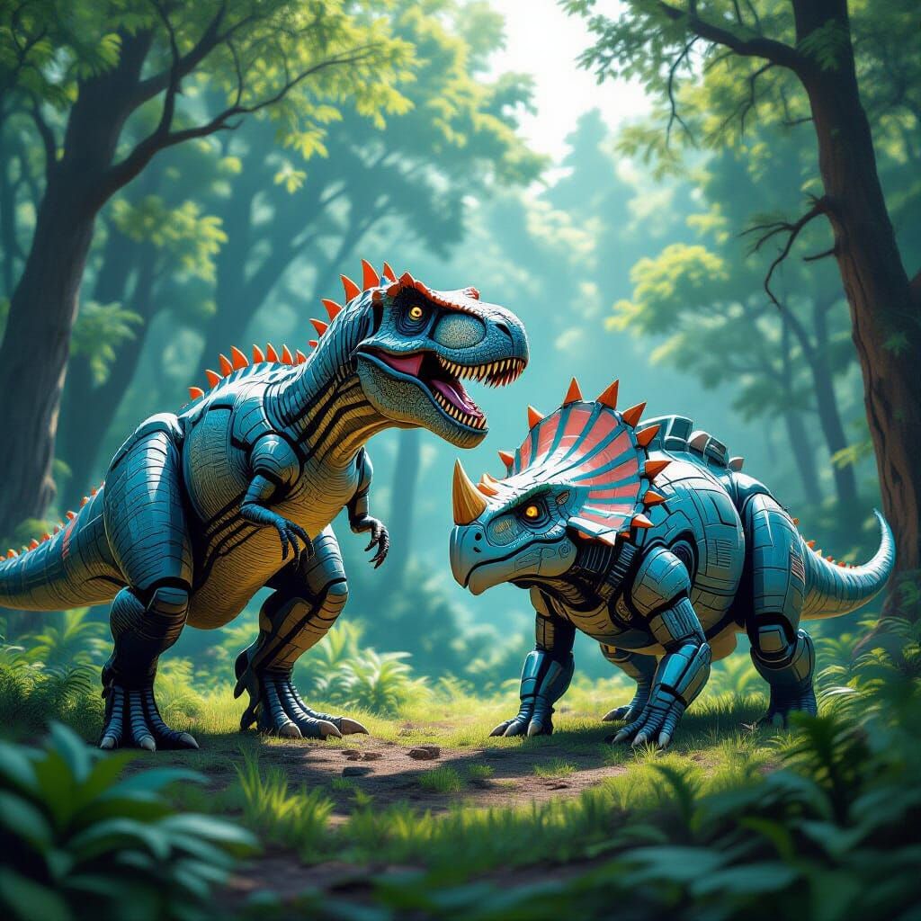Cybernetic Triceratops and T-Rex Play in Vibrant Forest