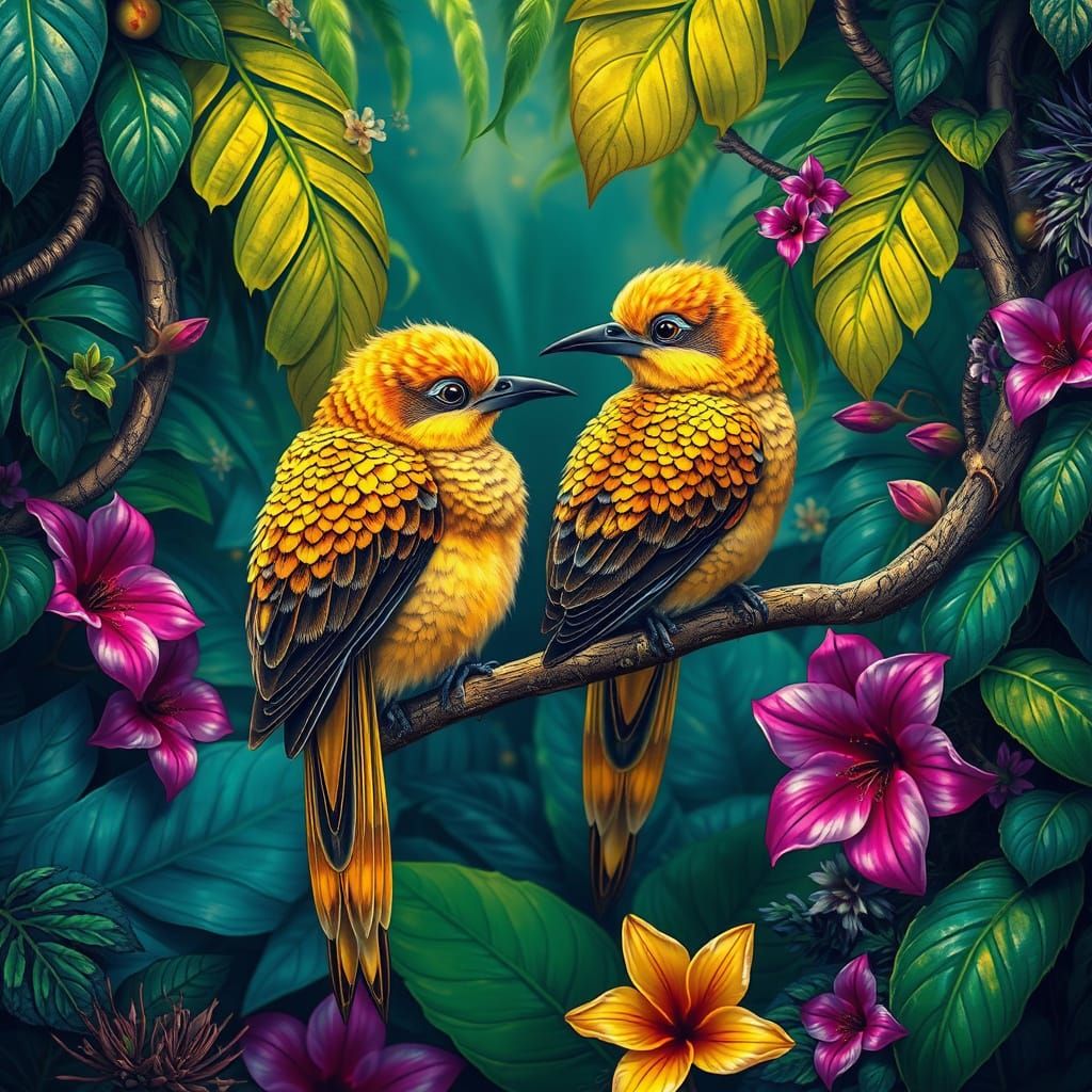 in the style of Van Gogh airbrush acrylic painting of a mesmerizing jungle scene bursting with color and energy. two del...