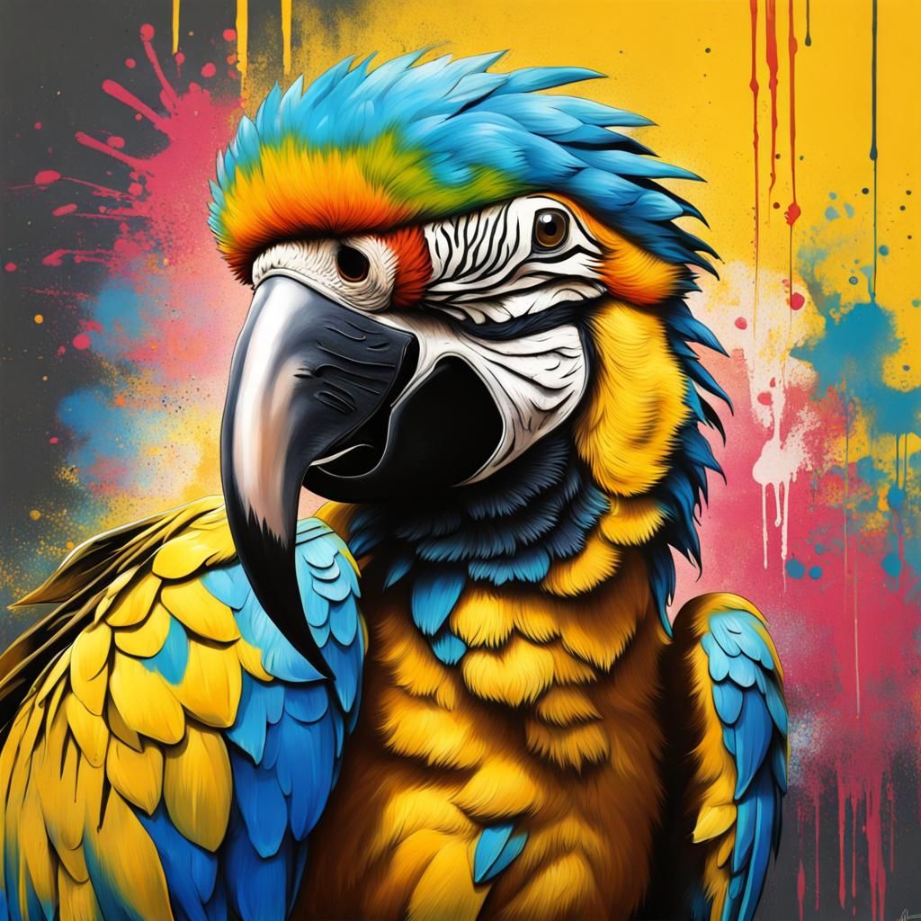 Macaw and Yorkie in Graffiti Art Style
