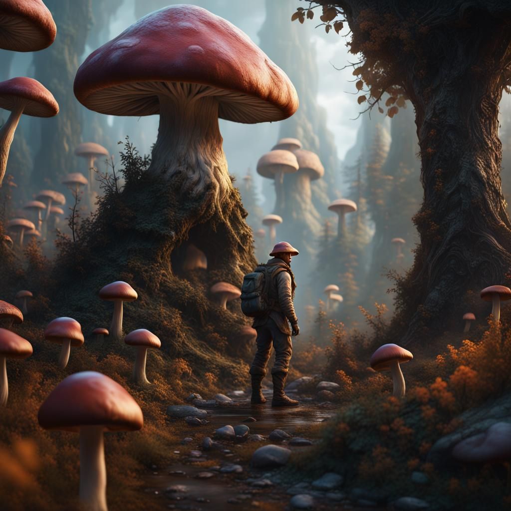 Fantastical Mushroom Man in Detailed Matte Painting
