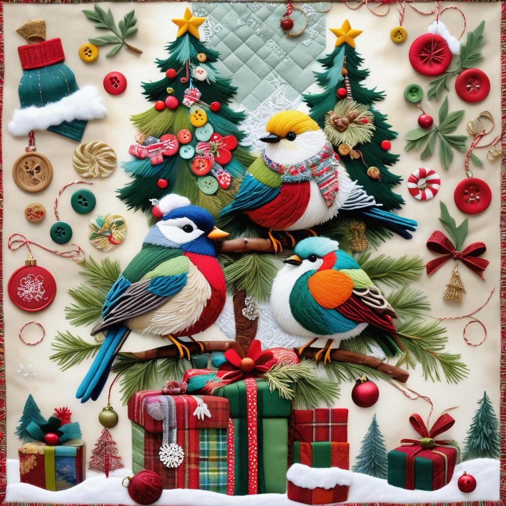 Festive Birds on Gifts Quilt in Mixed Media