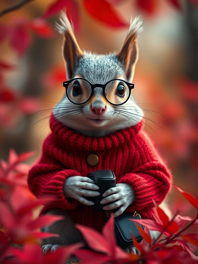 Squirrel in Red Sweater in Autumn Forest