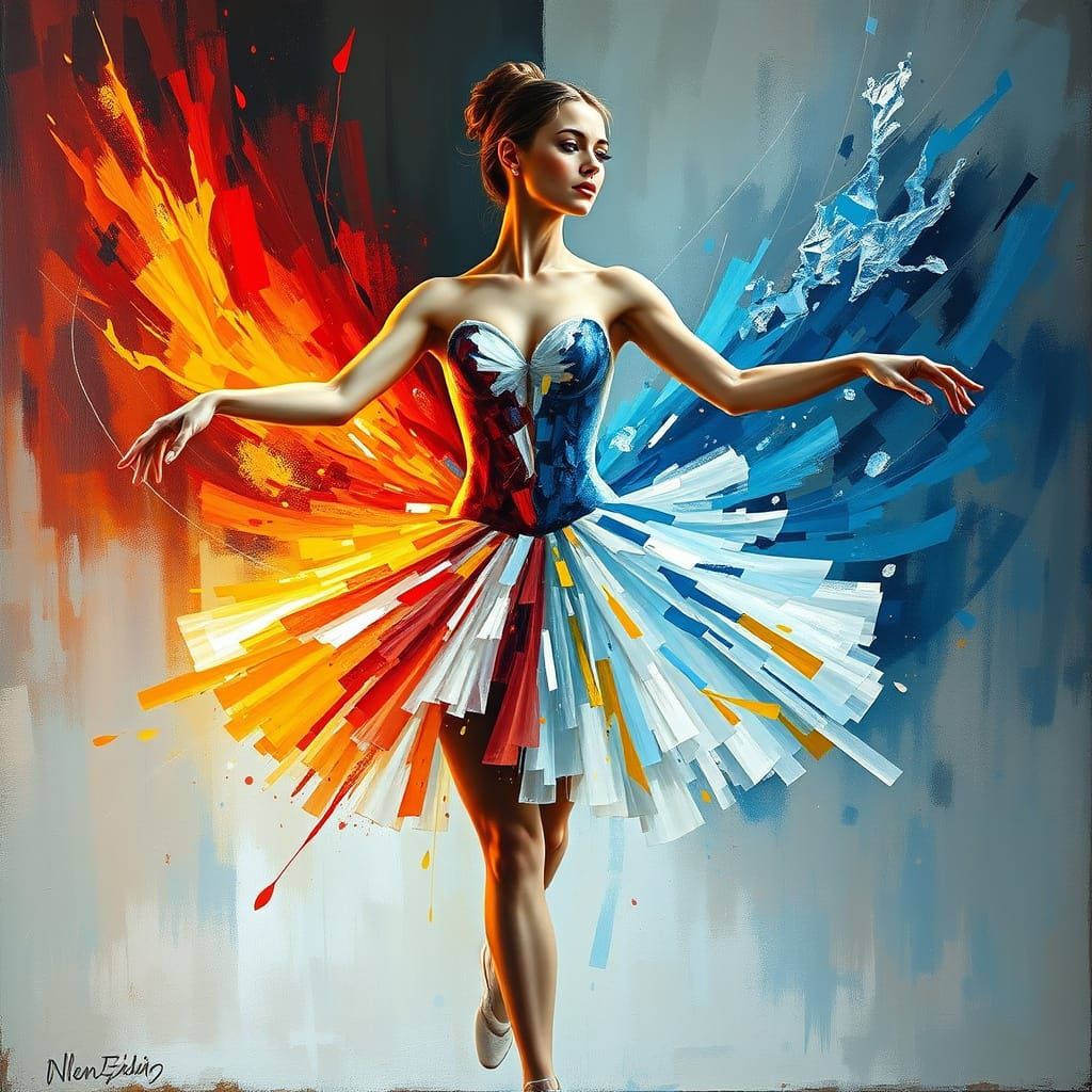 Ballerina in Fire and Ice, Modern Fragmented Painting