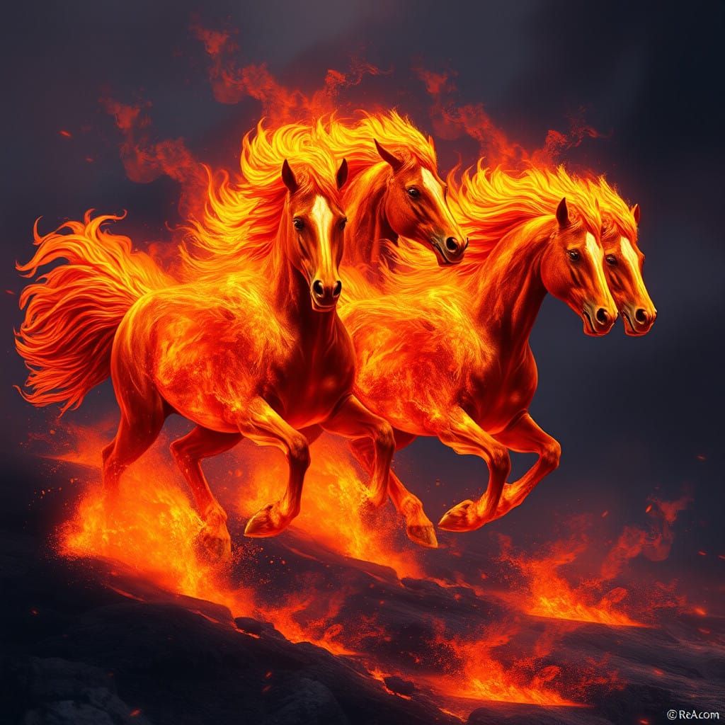 Fiery Horses Gallop Across Vibrant Lava-Textured Landscape i...