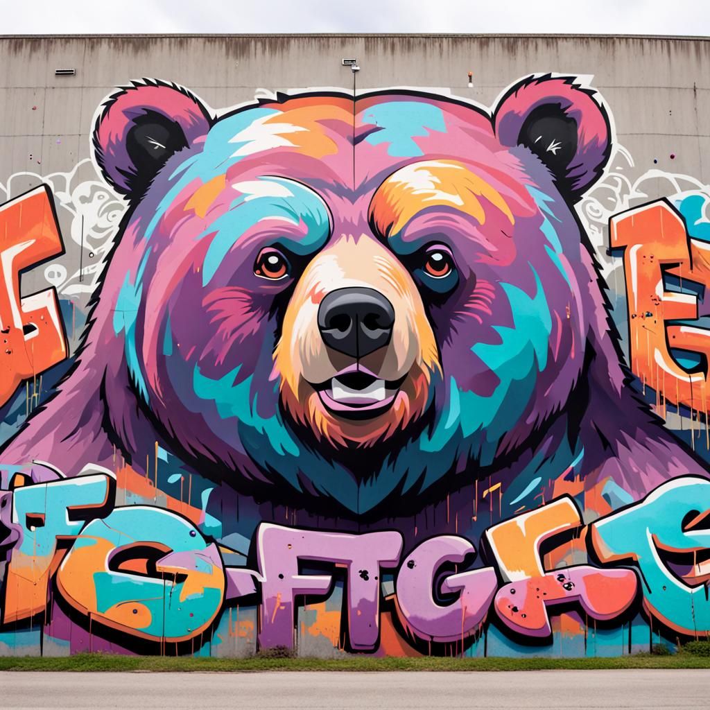 Colorful Graffiti Mural of a Bear on Concrete Wall